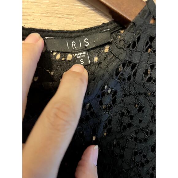 IRIS Black Dress size Small Cocktail Long bell Sleeves Short Lace Elegant Party - Picture 3 of 10